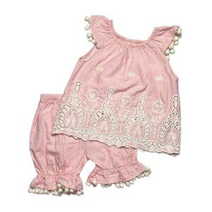 Haute Baby Eyelet Pom Pom Outfit 2 Pcs Set Pink 12 Mon